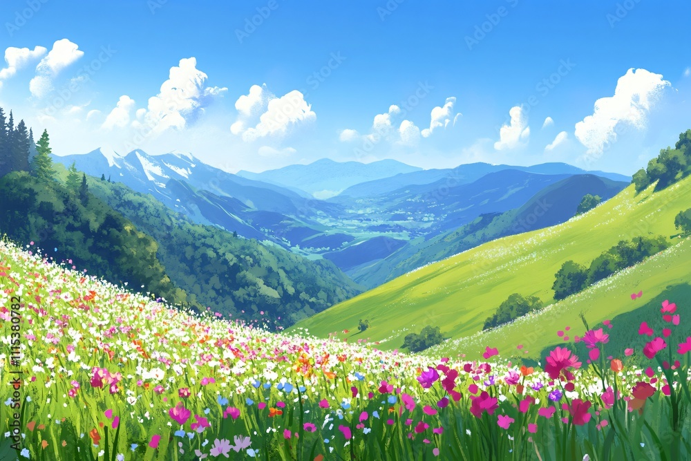 Obraz premium Scenic Colorful Flower Field in Lush Green Valley Landscape