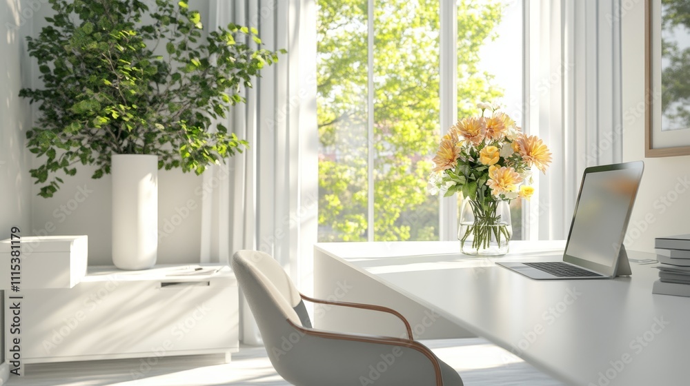 Fototapeta premium Elegant Workspace with Long White Table and Natural Light
