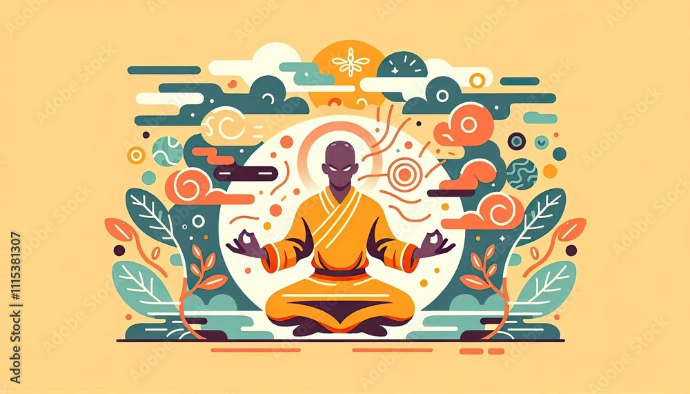 Obraz premium Shaolin monk practicing meditation with harmonious energy flow and vibrant colors