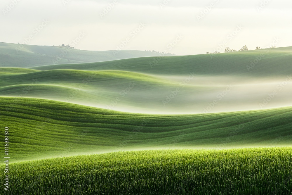 Fototapeta premium Serene Rolling Hills of Lush Green Fields at Dawn with Mist