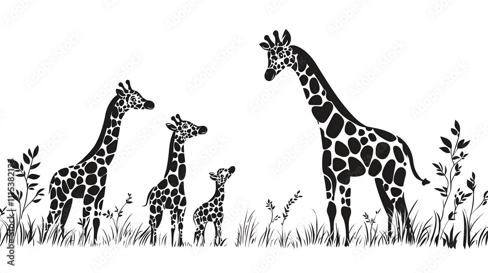 Obraz premium Black and white vector illustration of a giraffe family, with a simple design, bold lines, and a cute style. 