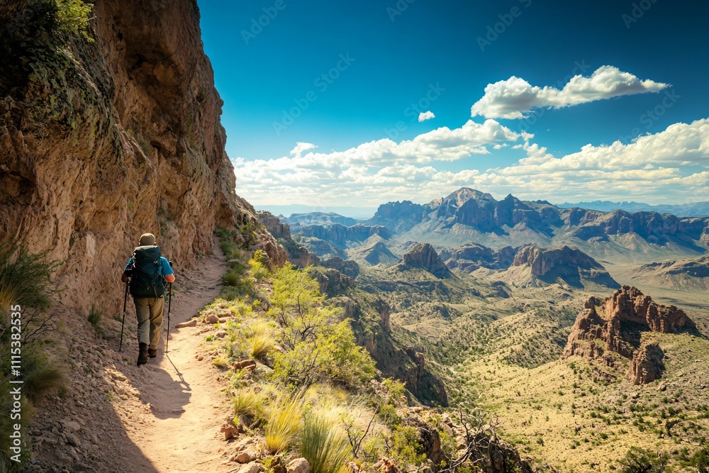 Obraz premium Majestic Mountain Landscape with Hiker on Rocky Trail at Sunrise