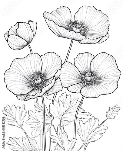 Coloring page of a drawing of flowers, the petals of which resemble large poppies with detailed center accents and bold black lines on a white background