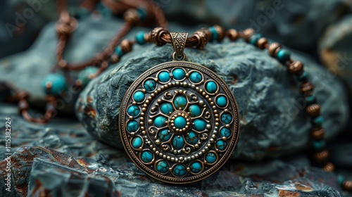 Close-up of ornate turquoise pendant necklace.