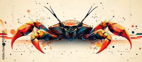 Abstract polygonal crab with colorful paint splatter background. photo