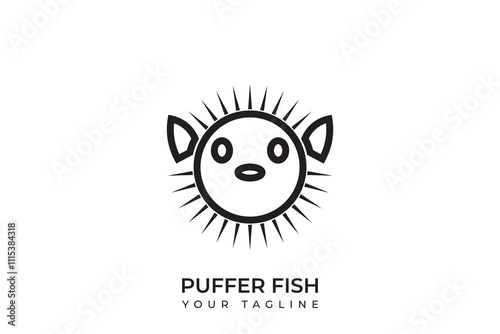 The puffer fish logo is round with sharp spines, minimalist puffer fish logo silhouette, puffer fish icon.