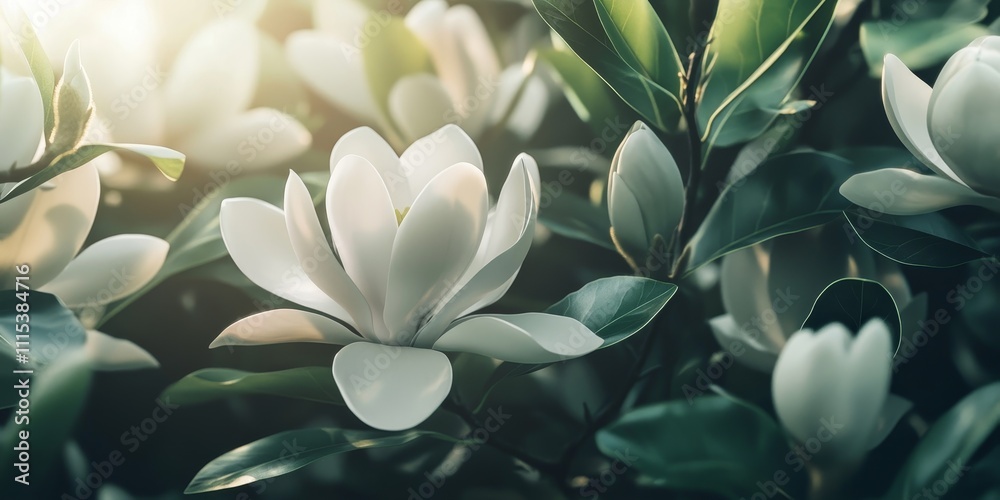 Obraz premium Spring background featuring a close up of magnolia, showcasing delicate white flowers and lush green leaves, creating a vibrant and fresh spring atmosphere with magnolia details.