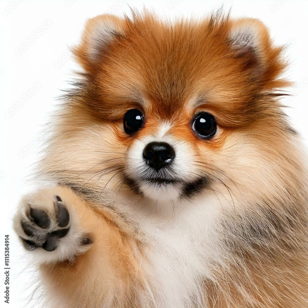 Close-up front shot of a light brown and white Pomeranian puppy’s adorable paw, as if offering a handshake, set against a clean white background. The dog is gazing at the camera with such sweetness. Close-up front shot of a light brown and white Pomeranian puppy’s adorable paw, as if offering a handshake, set against a clean white background. The dog is gazing at the camera with such sweetness.