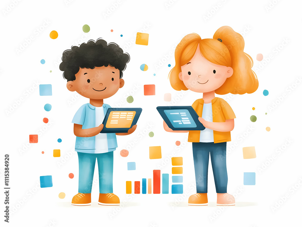 Flat Kids Budget Allocation Planning with Tablets in Abstract Bokeh Background Flat Kids Budget Allocation Planning with Tablets in Abstract Bokeh Background