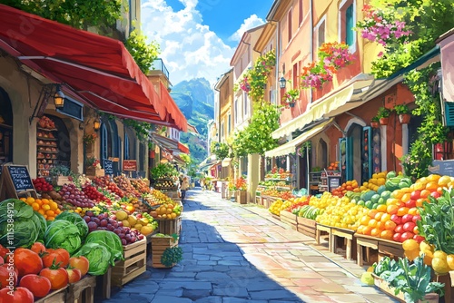 Vibrant Open-Air Market with Fresh Fruits and Colorful Stalls