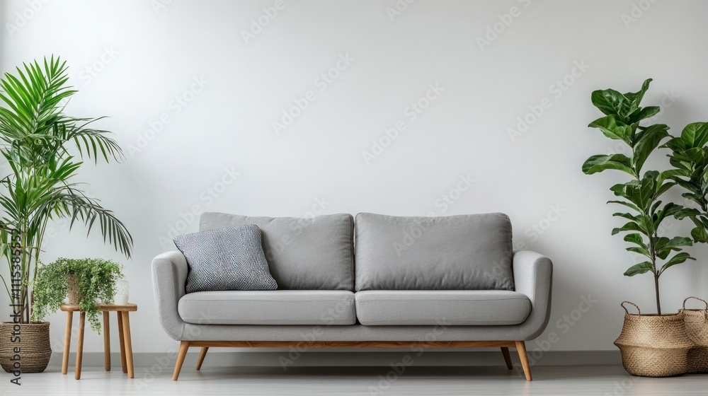 A modern living room featuring a gray sofa and potted plants against a blank wall. A modern living room featuring a gray sofa and potted plants against a blank wall.