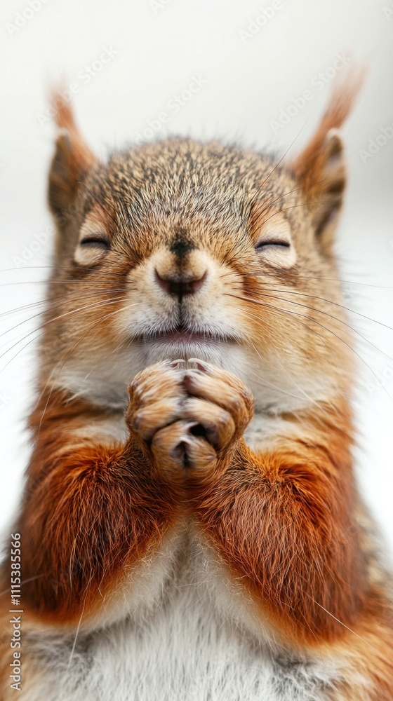 Fototapeta premium Squirrel with closed eyes and clasped paws, appearing to pray or meditate in a serene pose, AI