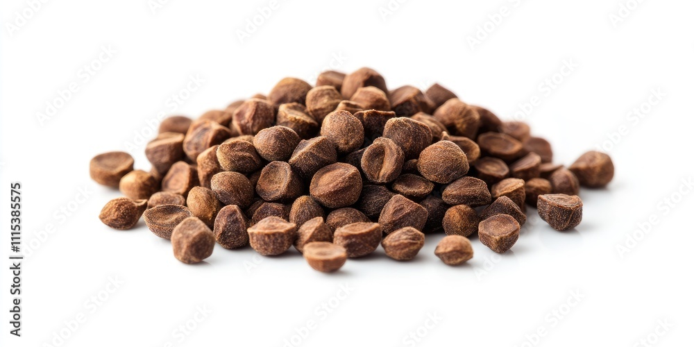 Obraz premium Dried whole babchi seeds isolated on a white background, emphasizing the bakuchiol concept. Ideal for design templates focusing on natural ingredients like babchi seeds and bakuchiol.
