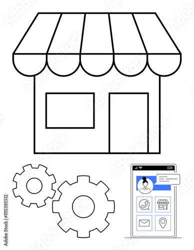 Shopfront with awning, gears representing settings and customization, and mobile app interface displaying various business icons. Ideal for ecommerce, mobile apps, business management, online stores