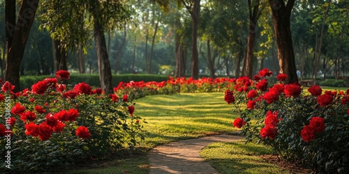 Bunga rose yang indah di taman, menambah keindahan suasana. Bunga rose ini mempesona dan menunjukkan pesonanya di taman yang rapi. Keindahan bunga rose menciptakan harmoni di taman tersebut. photo