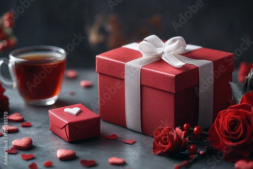 Valentine's Day background. Gift box, red roses, hot tea in cup and aper hearts on background. Flat lay, directly above, copy space. photo