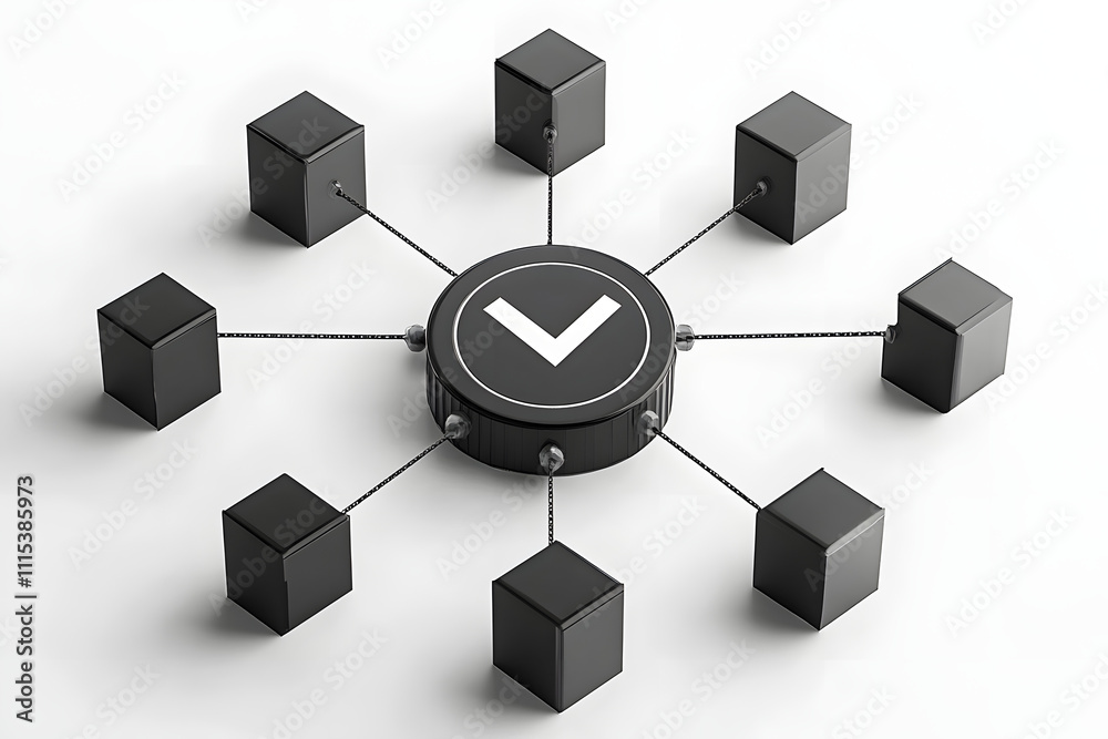 Obraz premium Network concept with interconnected black cubes and a central node featuring a checkmark symbol, representing technology, blockchain, system integration, and connectivity