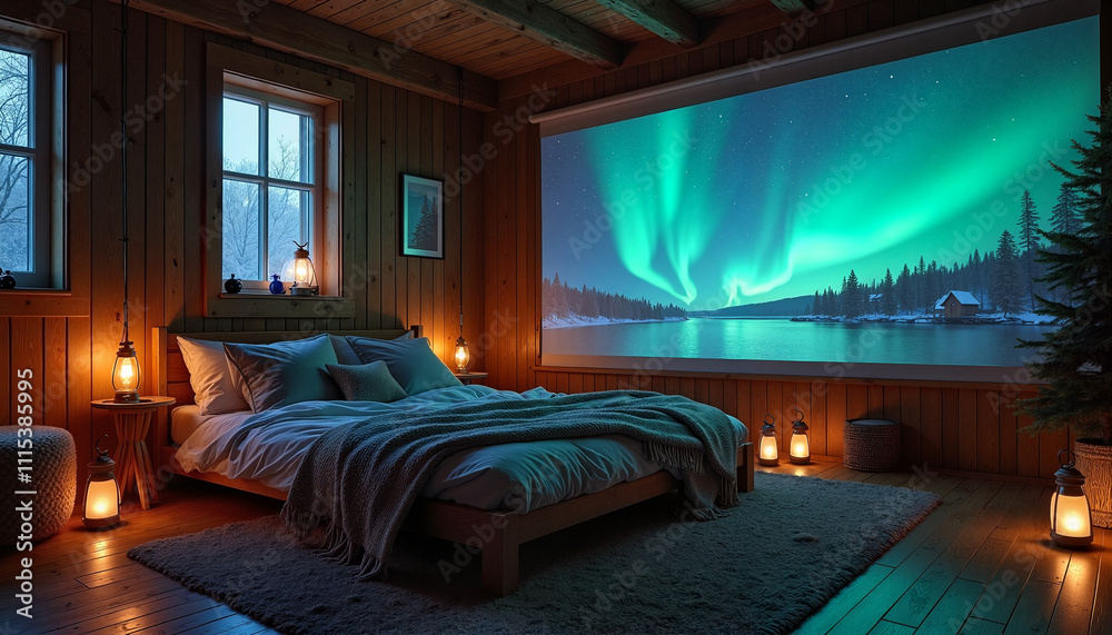 Room with Soft Lighting and Scandinavian Decor, Northern Lights Projected on Walls, Wool Throws and Lanterns Creating Cozy Atmosphere Room with Soft Lighting and Scandinavian Decor, Northern Lights Projected on Walls, Wool Throws and Lanterns Creating Cozy Atmosphere