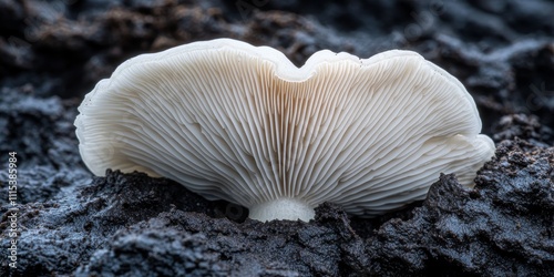 White mushroom growing prominently on dark, rich mud, showcasing the delicate beauty of the white mushroom in contrast with the textured black mud background, highlighting nature s artistry. photo