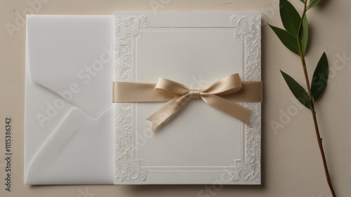 A beautifully designed wedding invitation with an elegant embossed border, tied with a soft satin ribbon, resting next to an envelope and a green leaf
