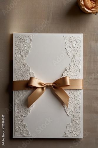 An intricate wedding invitation featuring embossed floral patterns, adorned with a sleek satin ribbon, placed against a textured background