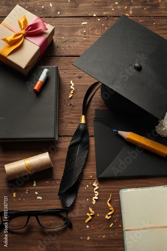 A graduation-themed flat lay features a black mortarboard, black notebooks, gift boxes, and a feather quill, set against a rustic wooden backdrop, celebrating achievement photo