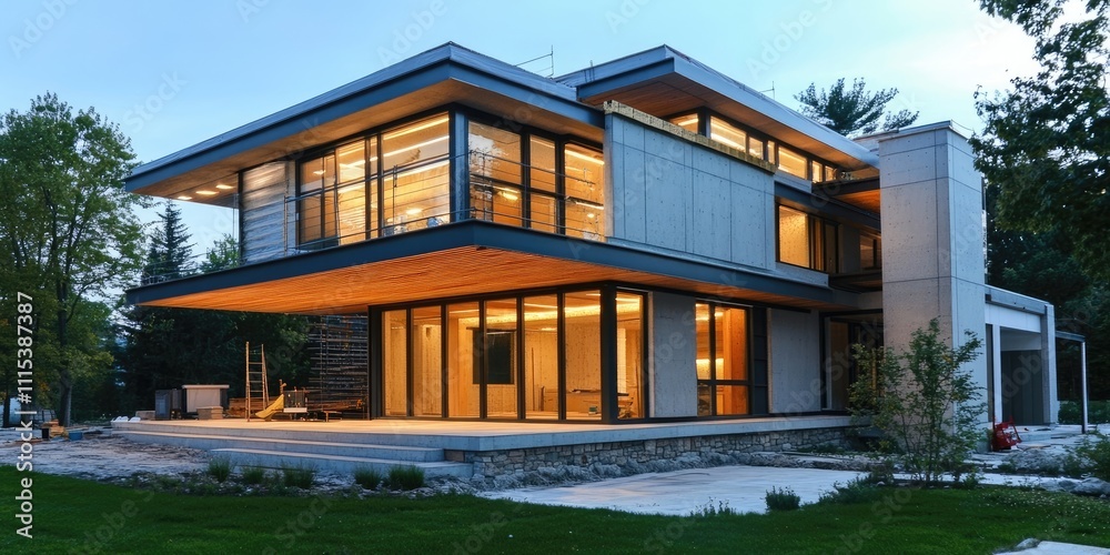 Fototapeta premium House under construction features innovative sandwich panels that showcase modern building techniques. This house design emphasizes the use of sandwich panels for energy efficiency and durability.