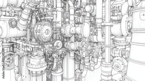 intricate steampunk coloring book, Intricate Steampunk Machine Design with Gears and Pipes