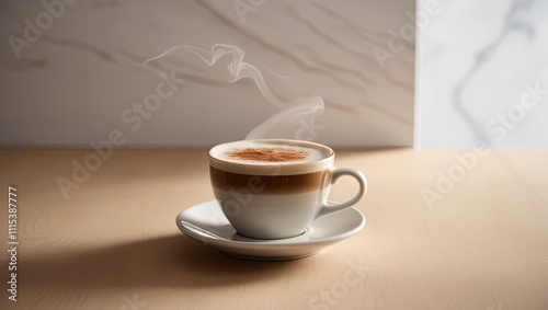 a cup of expertly prepared cappuccino, topped with a smooth layer of steamed milk and a sprinkling of cinnamon or cocoa powder, set against a clean, modern, minimalist backdrop with a smooth texture, 