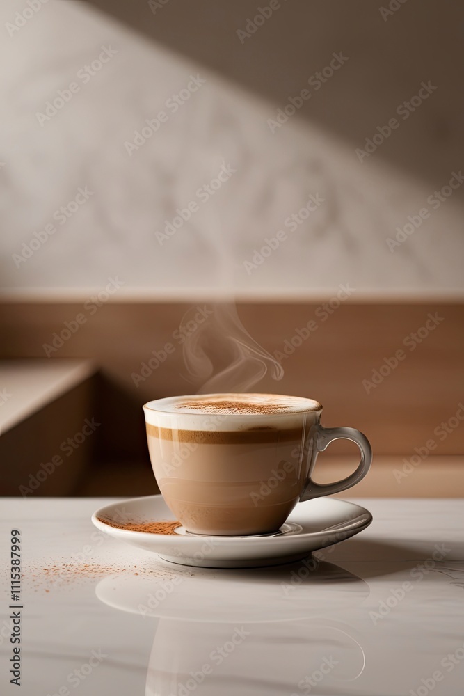 Obraz premium a cup of expertly prepared cappuccino, topped with a smooth layer of steamed milk and a sprinkling of cinnamon or cocoa powder, set against a clean, modern, minimalist backdrop with a smooth texture, 