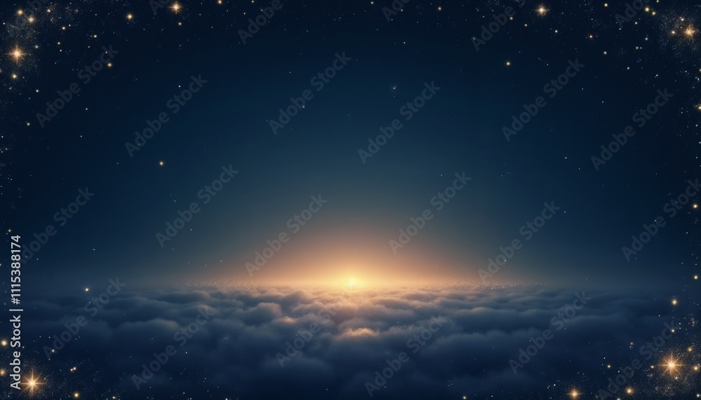 Fototapeta premium Star Rising on a Dark Blue Gradient Background Framed by Golden Stars