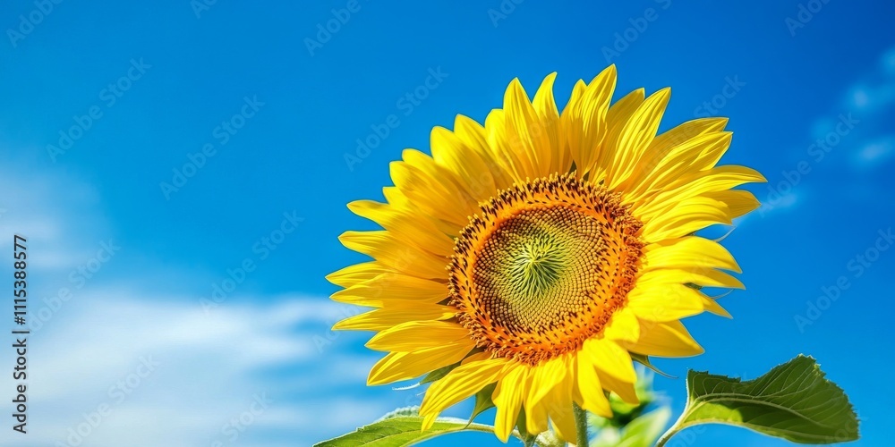 Close up view of a sunflower blooming against a vibrant blue sky, showcasing the sunflower s intricate details and bright colors, perfect for representing the beauty of nature. Close up view of a sunflower blooming against a vibrant blue sky, showcasing the sunflower s intricate details and bright colors, perfect for representing the beauty of nature.