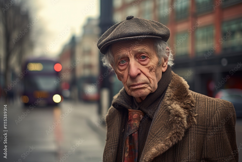 An old man wearing a hat and a coat stands on a street An old man wearing a hat and a coat stands on a street