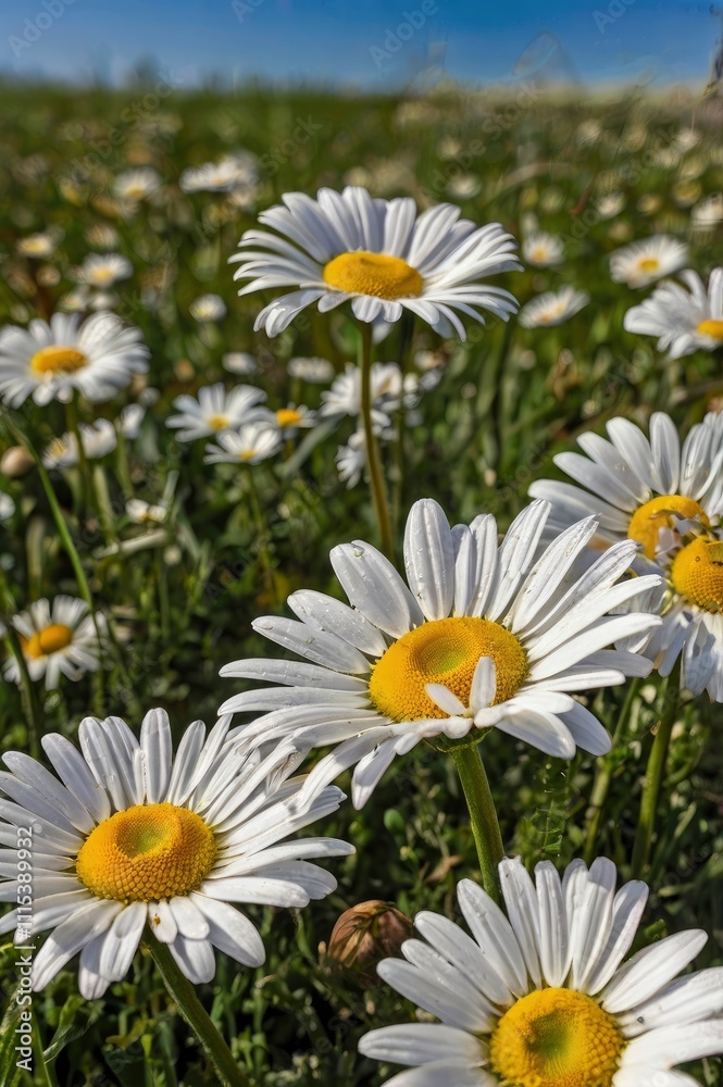 Fototapeta premium Daisy fresh flowers, spring field over blue sky 