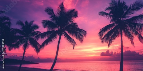 Silhouettes of coconut palm trees grace a tropical beach at sunrise, enhanced with color toning, creating a serene and tranquil atmosphere featuring the beauty of coconut palm trees. photo