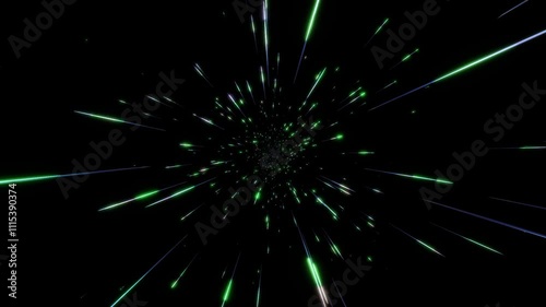 青いパーティクルが放射状にキラキラ輝く宇宙の流星のような背景