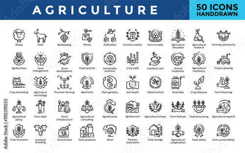 Agriculture icons set with sheep, goat, beekeeping, honey, pollination, farmers market, farm to table, agriculture education, agricultural research, farming community icon. Simple handdrawn vector 
