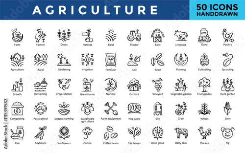 Agriculture icons set with farm, farmer, crops, harvest, field, tractor, barn, livestock, dairy, poultry icon. Simple handdrawn vector 

