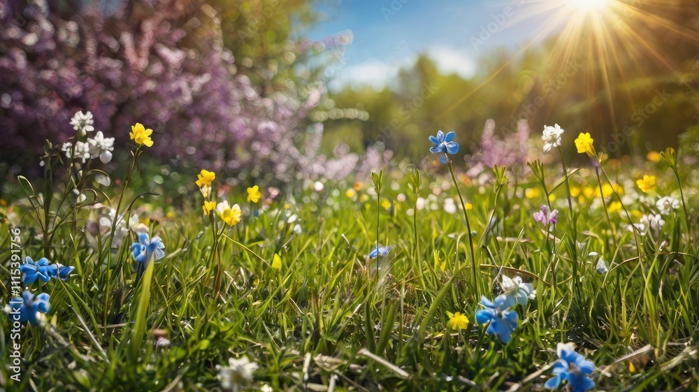 Fototapeta premium Spring background, wide meadow concept with foreground flowers, sunlight and blue sky