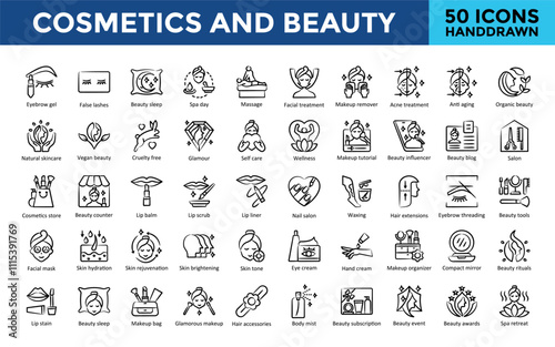 Cosmetics and Beauty icons set with eyebrow gel, false lashes, beauty sleep, spa day, massage, facial treatment, makeup remover, acne treatment, anti aging icon. Simple handdrawn vector 
