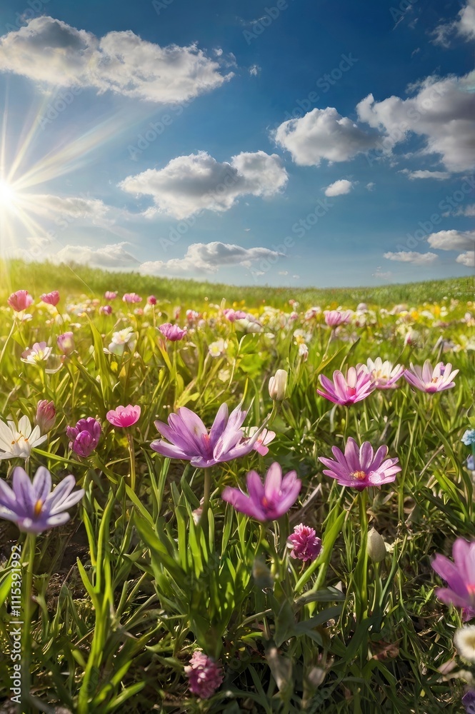 Fototapeta premium Spring background, wide meadow concept with foreground flowers, sunlight and blue sky