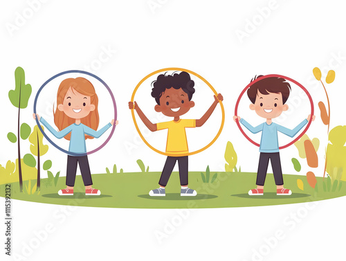 Joyful Kids Hula Hooping in Park - Flat Vector Illustration for Outdoor Play Theme