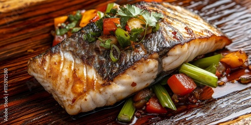 Stir fried sea bass accompanied by celery presented on intricately painted wood, showcasing a delightful dish of stir fried sea bass that highlights vibrant flavors and fresh ingredients. photo