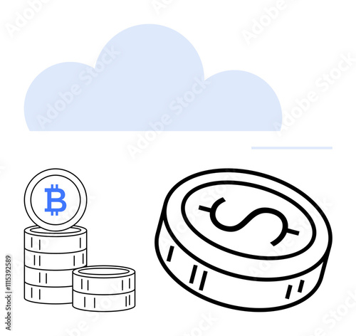Stack of coins with Bitcoin symbol, large dollar coin, and blue cloud. Ideal for finance, cryptocurrency, cloud services, fintech, investment digital wallets and economy. Line metaphor