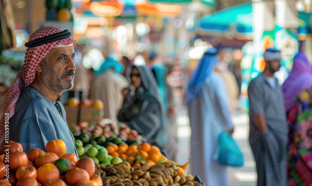 Obraz premium A market scene with a vendor and colorful produce in a bustling setting.