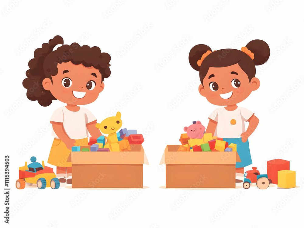 Flat Vector Kids Sorting Packing Toys Teamwork Skills Illustration Flat Vector Kids Sorting Packing Toys Teamwork Skills Illustration