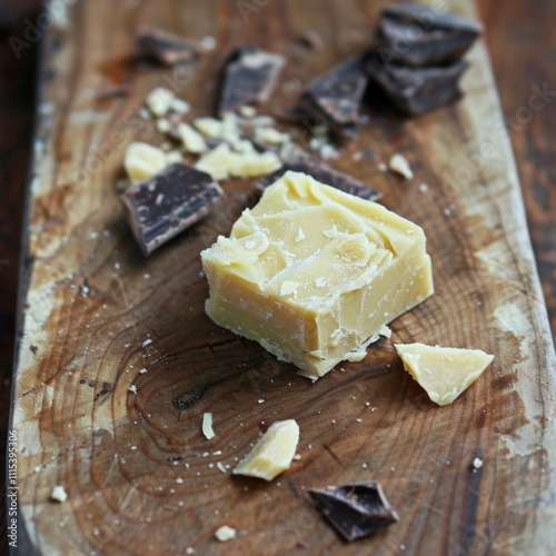 A melting square of cacao butter on a wooden s ready to be added to a recipe. photo