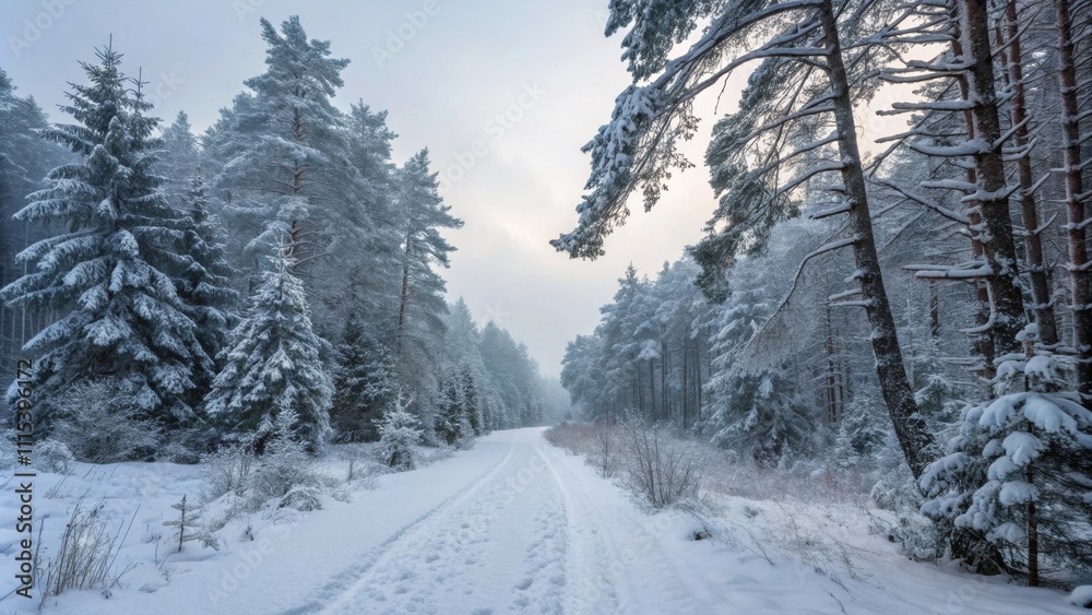 Fototapeta premium Serene Winter Forest Path Covered in Fresh Snow
