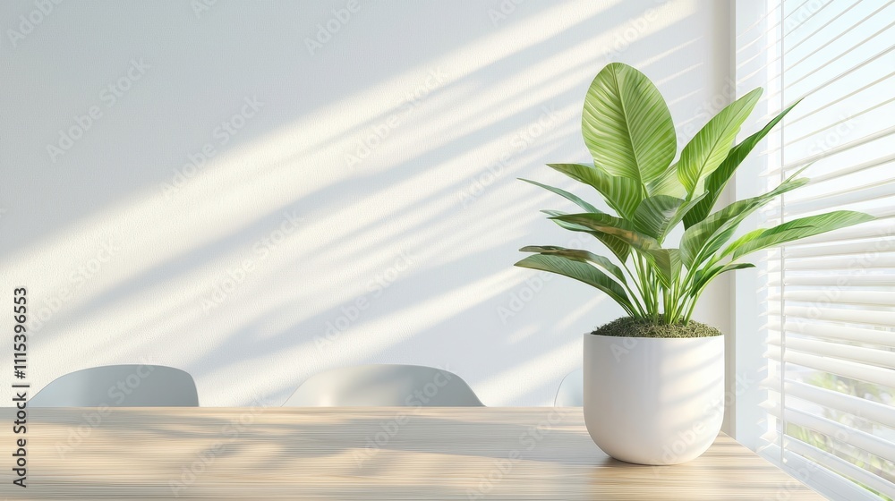 Fototapeta premium luxury bathroom sparkle Concept. A potted plant on a wooden table with sunlight casting shadows on a textured wall.