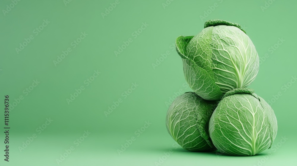 Fresh green cabbages stacked on a vibrant green background showcasing natural texture and color harmony Fresh green cabbages stacked on a vibrant green background showcasing natural texture and color harmony